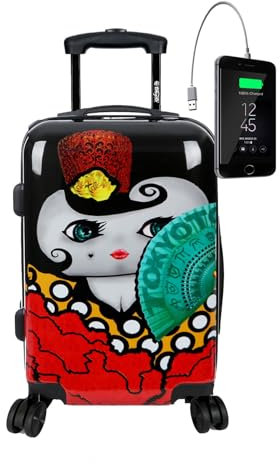 TOKYOTO Kabinentrolley Kinderkoffer Handgepäck Flugzeug für Mädchen Jungen Spanische Flamenco-Fans Cartoons Hartschalenkoffer Kabinenkoffer 55x35x20 cm TSA-Schloss und USB-Anschluss Flamenca