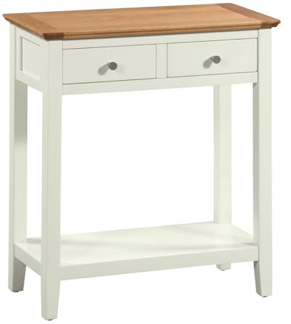 Hallowood Furniture Clifton Oak Painted Off White Console Table with 2 Drawers and Lower Shelf, Wooden Slim Console Table in Light Oak Top, Telephone or Lamp Stand for Living Room or Hallway