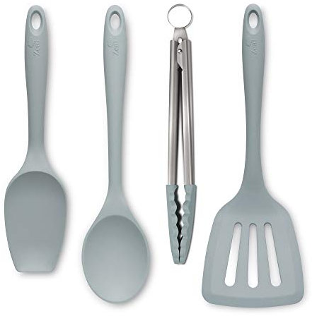 Zeal JSET40B Non-Stick Silicone Cooking Tongs, Turner, Spatula Spoon & Cooks Spoon 4-Piece Set-Duck Egg Blue