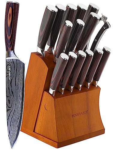 KNIFAST 16-teiliges Küchenmesser-Set mit Holzblock, professionelles Kochmesser-Set aus deutschem High Carbon Edelstahl geschmiedet