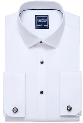 Gollnwe Men's French Cuff Dress Shirt Slim Fit Stretch Solid Long Sleeve Shirts Bussiness Formal White S