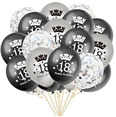 Fechy Luftballoon 18. Geburtstag - 20 Stück Schwarz Silber Latex Konfetti Ballon Bänder für Junge Mann Happy Party Dekorationen 12 Zoll