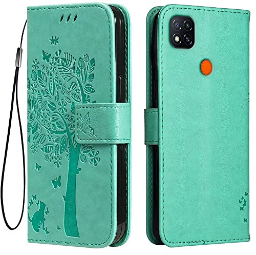 Topme Étui en Cuir pour Redmi 9C / Redmi 9C NFC/Redmi 10A (6.53 inches), [ Coque Housse de Téléphone Style Motif Chat Et Arbre] - Vert