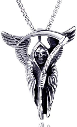 PikaLF Skull Necklace for Men, Gothic Grim Reaper Sickle Skull Pendant Necklace with 23.6 Inch Chain, Wings Skull Necklace, Retro Skull Head Totem Amulet Necklace, NO
