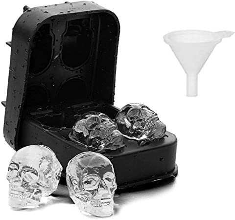 3D Totenkopf Silikon Eiswürfel,4 Gitter Silikon Eiswürfelform,Silikon Eiswürfelform Totenkopf für Whisky,Cocktails,Jedes Getränk mit Mini-Trichter