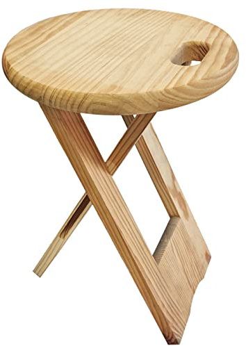 Tradineur - Taburete Redondo Plegable de Madera con asa y reposapiés, Estable y Robusto, banqueta para jardín, balcón, terraza, Camping, hogar, 45 x 32 cm