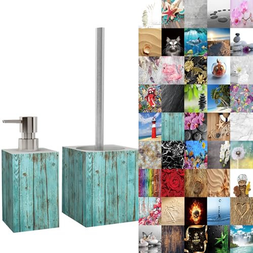 Sanilo Badezimmer Set, Seifenspender und WC Bürste mit Motiv, große Auswahl, Klobürste ohne Bohren, schöne Designs (Lumber)
