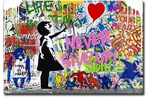 Banksy Ballon Mädchen Leinwand Gemälde Graffiti Street Pop Artwork Never Give Up Wall Art Poster Bilder für moderne Wohnkultur 40x60cm Innenrahmen