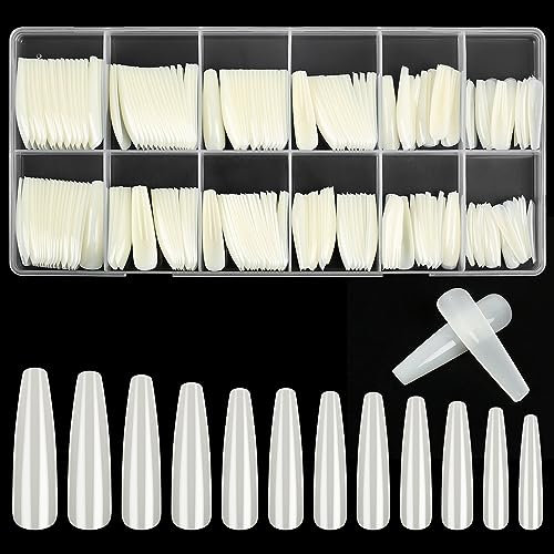 KOXXIAMOQ 240 Soft Gel Full Cover Nail Tips for Extensions, Natural Coffin Trapezoid Ballerina Fake No C Curve Nail Tips, Press on Nails, Acrylic False Nails Traceless (natural)