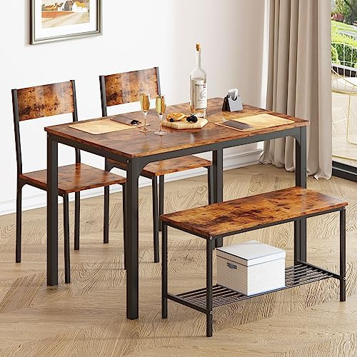 soges Juego de Mesa de Comedor para 4 Personas, 110cm, 2 Sillas con Respaldo, Banco para 2 Personas con Estante de Almacenaje, Juego de Muebles Nido para Comedor