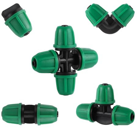 Kit di raccordi per irrigazione a goccia da 1/4, raccordo a T spinato con blocco incluso, accoppiamento a 2 vie, gomito, accoppiamento a 4 vie, tappi terminali ¼, diametro esterno del tubo (OD) è
