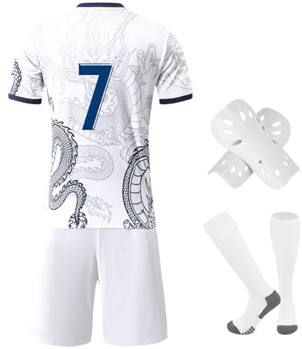 Pardofelis Fußball Trikot für Kinder, Trikot Nr. 7 Fußballtrikots Fussball T-Shirt Shorts Socken und Schienbeinschoner Set, Outdoor Football Jersey für Junge Anzug (Weiß, 26)