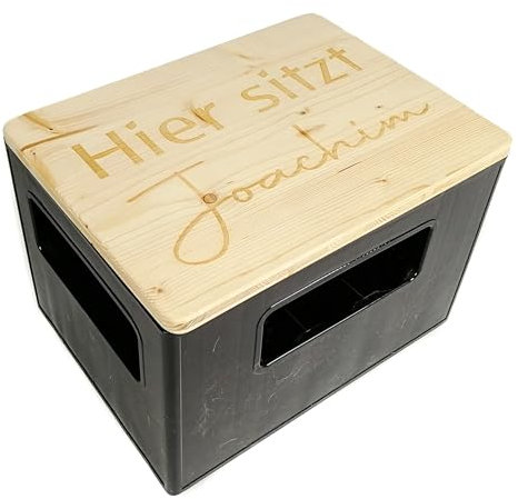 Bierkastensitz, Outdoor Hocker, Sitzauflage aus Holz für Getränkekisten mit individuellen Schriftzug gelasert passend für 20-er Kasten (40 x 30 cm)