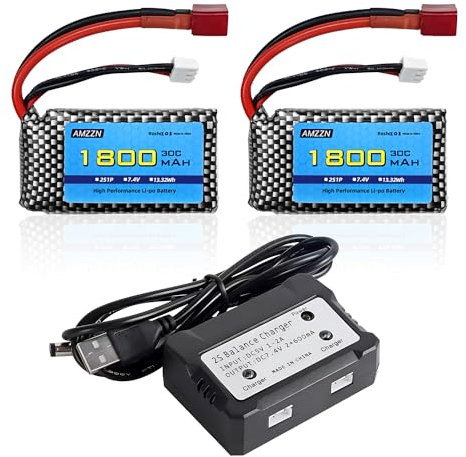 AMZZN 2PCS 7.4V 1800mAh 2S 30C T-Plug Lipo Battery with 2-in-1 Charger for WLTYOS K929-B A959-B 12401 9200 9200E 300E YC200 HM123 1/10,1/12,1/16 RC Car,Truck Batteries