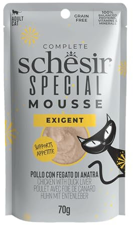 Schesir Special Exigent, Filetes de Pollo con Pato en Mousse, Alimento Húmedo Completo para Gatos, en sobre, sin Cereales, Alto Contenido en Proteínas, Rico en Hidratación, 12 x 70 g