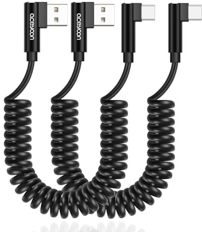 aceyoon 2 Pezzi Cavo USB C Retrattile Cavo USB Type-C 90 Gradi 3A Supporta QC3.0 Cavo USB a USB C Spirale Compatibile con iPhone 15 per CarPlay per Galaxy S22 S21 Può Essere Esteso da 0.4m a 1.5m