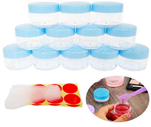 Wopanxye 12pack 15ml Makeup Sample Jars, BPA Free, Small Empty Cosmetic Container, Plastic Round Pot Blue Screw-up Cap Lid, 15g Jar for Lip Gloss Scrubs Salves Ointments Facial Creams Bath Lotions