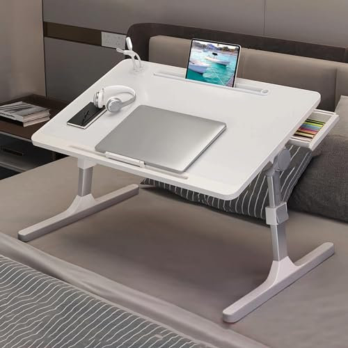 BENBOR Bed Table Laptop Desk Foldable, Laptop Stand Sofa, Folding Lap Desk with USB Ports, Adjustable Portable Notebook Stand with Tablet Fixed Card Slot/Drawer/Light/Fan, for Reading/Working