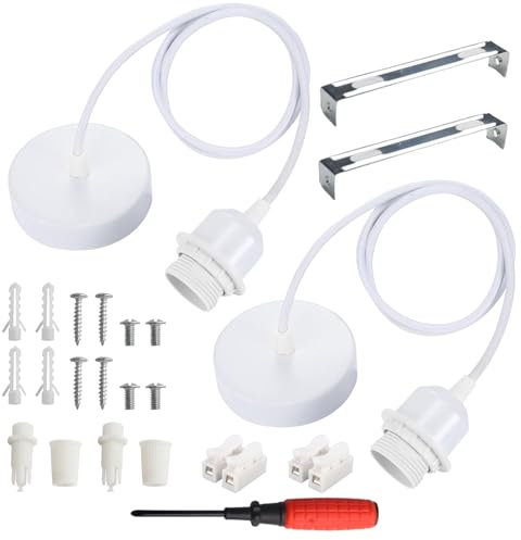 Lot de 2 Suspensions E27 avec anneau de montage Cable Suspension Luminaire avec câble réglable de 150cm E27 Support de Lampe douille en métal pour suspension de cuisine, salon, restaurant (blanc)