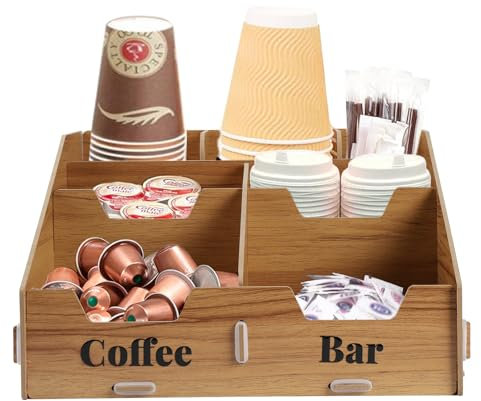 Gzsekken Coffee Station Organizer,Coffee Organiser Station Caddy Kitchen Wooden Organiser Condiment Storage Bar Accessories and Organisation- 7 Compartments