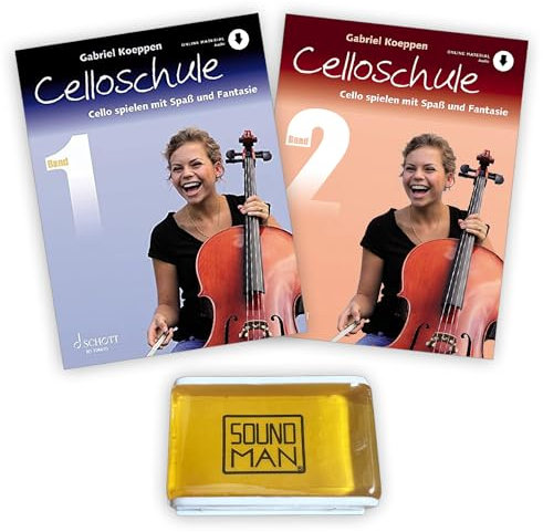 Celloschule 1 und 2: (Starterset) mit Online Audio - Band 1 und 2 von Gabriel Koeppen (ISBN 9783795724481-9783795799953) + Soundman Kolophonium für Cello