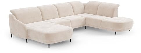 Cavadore Wohnlandschaft Blue, Sofalandschaft mit Longchair im modernen Design, inkl. kopfteilverstellung, Vorziehsitz motorisch, Klapptisch, USB-Anschluss, mattschwarzen Metallfüßen, Mikrofaser, Beige