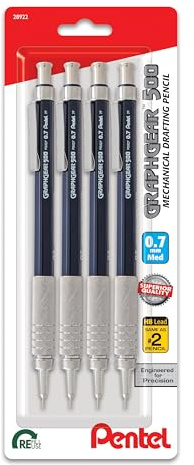 Pentel GraphGear 500 Druckbleistift, 0,7 mm, mittlere Linie, blauer Schaft, 4 Stück (PG527BP4C)