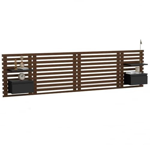 IDMarket - Tête de lit Suspendue en Lattes AVA 240 cm avec chevets + tiroir façon Bois Vieilli et Noir