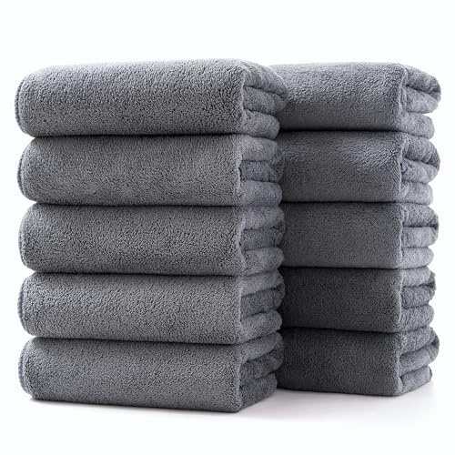 Towels 10 Piece Very Soft Microfiber Hand Face Towel Set Washcloth Super Absorbent Lightweight Quick Dry and Durable, 29 L x 13 W, 10 Pack Dark Grey