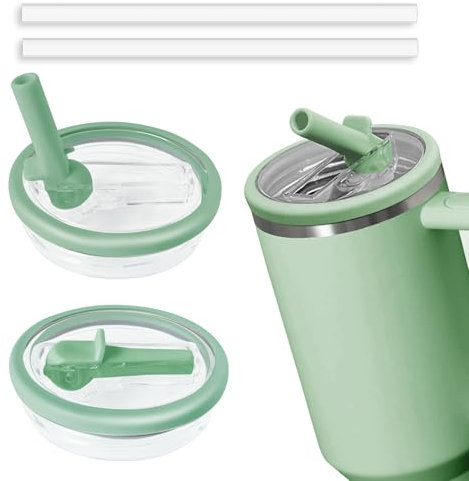 2pcs Leakproof Lid with Straw for Stanley 40oz Replacement,No-Spill Cup Lids for Stanley Quencher,Tumbler Flip Straw Lid for Stanley Accessories (MistGreen, 40oz)