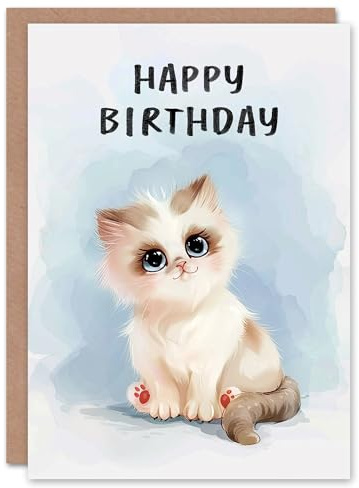 Artery8 Adorable Pet Kitten Ragdoll Cat Lover Watercolour For Child Kids Birthday Card