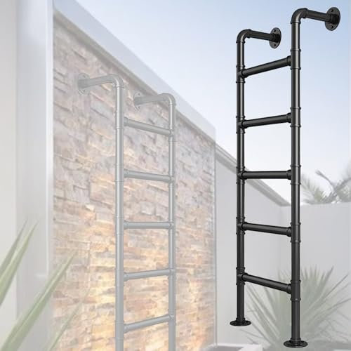 Schwarze industrielle Etagenbettleiter aus Metall für den Dachboden, 100–300 cm Höhe, Eingangs- und Ausstiegsleiter, wandmontierte Sicherheits-Kletterleiter für Dach/Garage im Freien(150cm/59in)