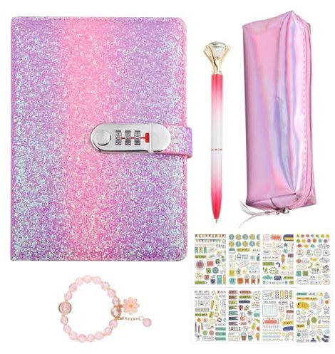 TXErfolg Journal Intime avec Cadenas pour Filles de 7, 8, 9, 10, 11, 12, 13 Ans, Cadeaux de Pâques Journal Intime avec Code pour Adolescentes Ensemble de Carnets D'école,Stylo,Bracelet, Autocollant
