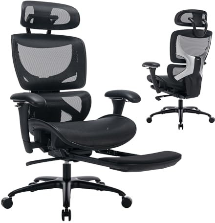 COLAMY Ergonomischer Bürostuhl mit Fußstütze – Chefsessel mit hoher Rückenlehne, Verstellbarer Kopfstütze & 3D-Armlehnen – Atmungsaktives Mesh, dynamische Lendenstütze, höhenverstellbar – Schwarz