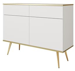 3E 3xE living.com Weiße Kommode mit goldenen Beinen und modernen goldenen Elementen, 107x85x39 cm
