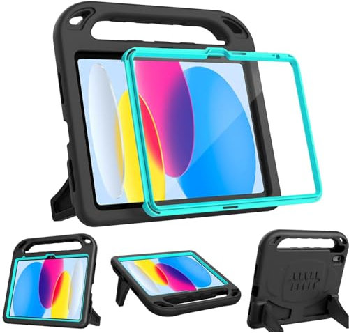 Surom Kinder-Schutzhülle für iPad (A16) 11. Generation (11 Zoll, 2025)/10. Generation (11 Zoll, 2022), mit integriertem Displayschutz, stoßfester, leichter Griff, Ständer, Hülle für Kinder, Schwarz