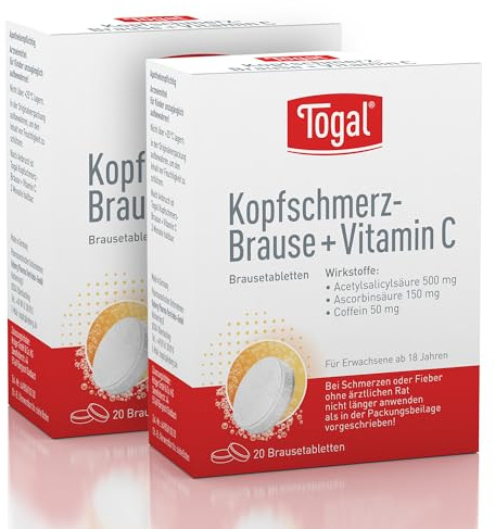 Togal Kopfschmerz-Brause + Vitamin C zur Behandlung bei leichten bis mäßig starken Schmerzen, schnelle Schmerzlinderung, mit Wirkverstärker Coffein und Vitamin C, Set (2x 20St) Brausetabletten