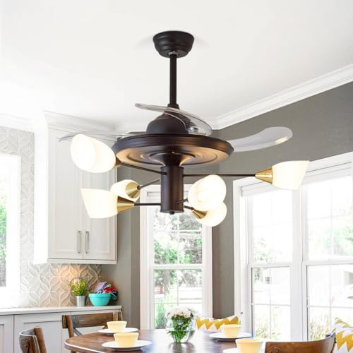 Depuley Farmhouse Fandelier Ceiling Fan with Lights: 6-Light Lucky Horseshoe Chandelier with Fan - 48 Retractable Industrial Ceiling Fan with Light - Black Sputnik Fandelier for Living Dining Room