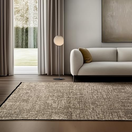 SIMPEX Chenille Teppich Baumwolle Beige 120x170 cm Boho-Stil, Vintage Kelim, Waschbar, Kurzflor, rutschfest & Weich, Einfarbig Meliert, Für Wohnzimmer, Schlafzimmer, Büro & Küche