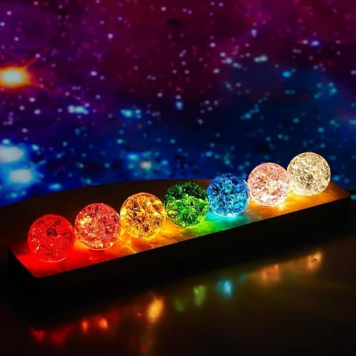 SHANGYU 3D Kristallkugel Nachtlicht,USB 40mm Glas Kugel,7St farbige Astronomie Sternenhimmel LED Ball Lampe,Mit Holzsockel,40 mm Heilkugeln Kugel Geschenk,7-Chakra-Lampe mit Ständer (7 Farben)