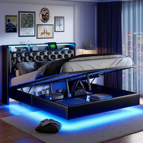 BRILVERDE Polsterbett 140x200 cm, Doppelbett mit LED und USB, Hydraulisch Stauraumbett mit Kopfteil, Jugendbett mit Lattenrost, Bettgestell für Erwachsene, PU (Schwarz, 140 x 200 cm)