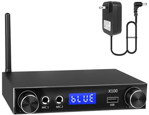 X100 Stereo Receivers CNC Metal Body Home Audio Amplifier Bluetooth Receivers Real RMS 50W*2 2 Channel Amplifier with LED Display and SMA Antenna，for Homes, Cafes, Restaurants, and Other Venues