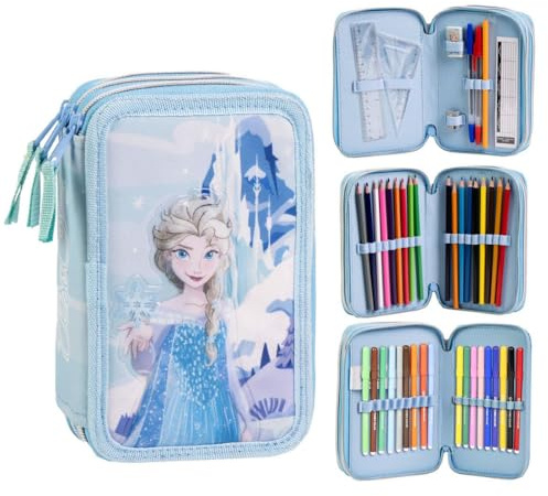 CARTOON Schulmäppchen mit 3 Reißverschlüssen, 3 Fächer, mit mehreren Fächern, 44 Stück, Farben Giotto Schreibwaren für Kinder, Die Eiskönigin, 12.5 x 6.5 x 19.5 cm, Taschen-Organizer