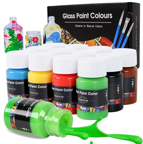 Fmtasx Glasfarben Set | 12 x 25ml Porzellanfarbe Spülmaschinenfest und keramik bemalen set | UV-Schutz & Hochpigmentiert & Wasserfest & glasfarbe für Mehrere glas Oberflächen