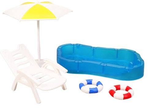 Miniatur-Strand-Szenen-Dekor-Set im Maßstab 1:12, Liegestuhl, Pool für Puppenhäuser, mit realistischem