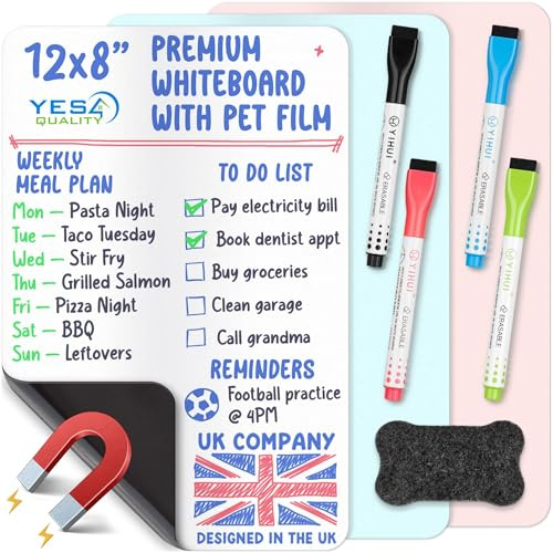 Magnetic Dry Erase White Board Set for Fridge - A4 / 12x8 / 30x20cm - 8 Pcs, Multicoloured - 3 Stain Resistant Whiteboard Sheets with 4 Markers & Eraser - Refrigerator Board Planner - by Yes4Quality