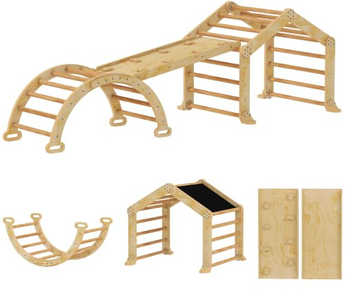 AIYAPLAY 9-in-1 Montessori Klettergerüst Indoor für Kinder 1,5-4 Jahre | Holz Kletterdreieck, mit Rutsche, Kletterbogen, Rampe, Spielplatz mit Tafel