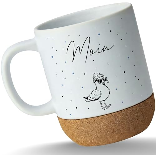 Tasse Untersetzer Kork - Maritim - Moin Möwe cool - Norddeutsch Moinzen Geschenk Souvenir Hamburg Sylt - 330 ml - Weiß Matt