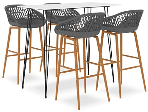 Owoxanthellate Bartisch Set Weiß-Grau 120x60x105 cm aus MDF & Metall Modernes 5-TLG. Hochtisch Essgruppe mit 4 Barstühlen für Küche Esszimmer Balkon Gastro