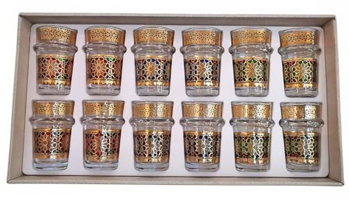 Générique Set de 12 Verres à Thé Marocains Traditionnels, Multicolore avec Motif Floral Oriental, Verre Transparent avec Bande Dorée Métallisée
